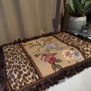 Vintage Style Needlepoint Floral Leopard Print Pillow Cover Brown Tassel Fringe